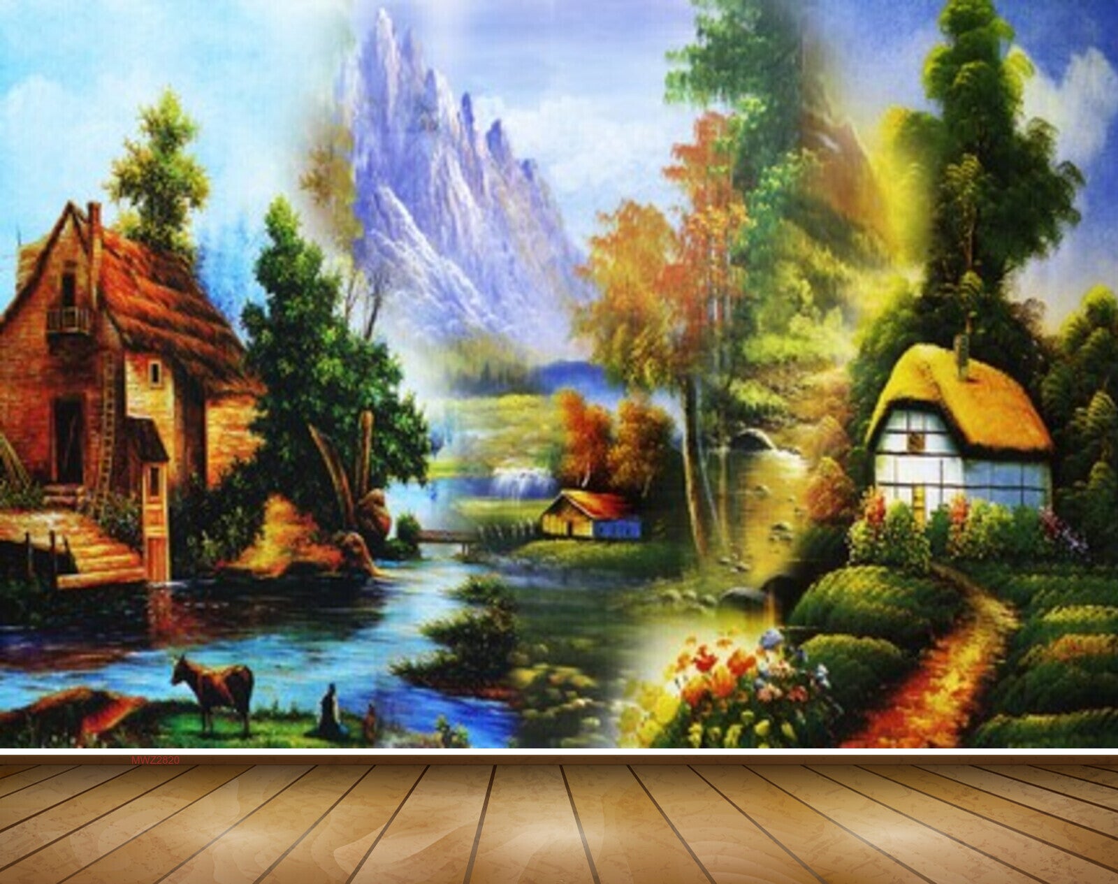 Avikalp MWZ2820 Mountains Trees Lake River Water Houses Flowers Grass Cow Off Road Plants Painting HD Wallpaper