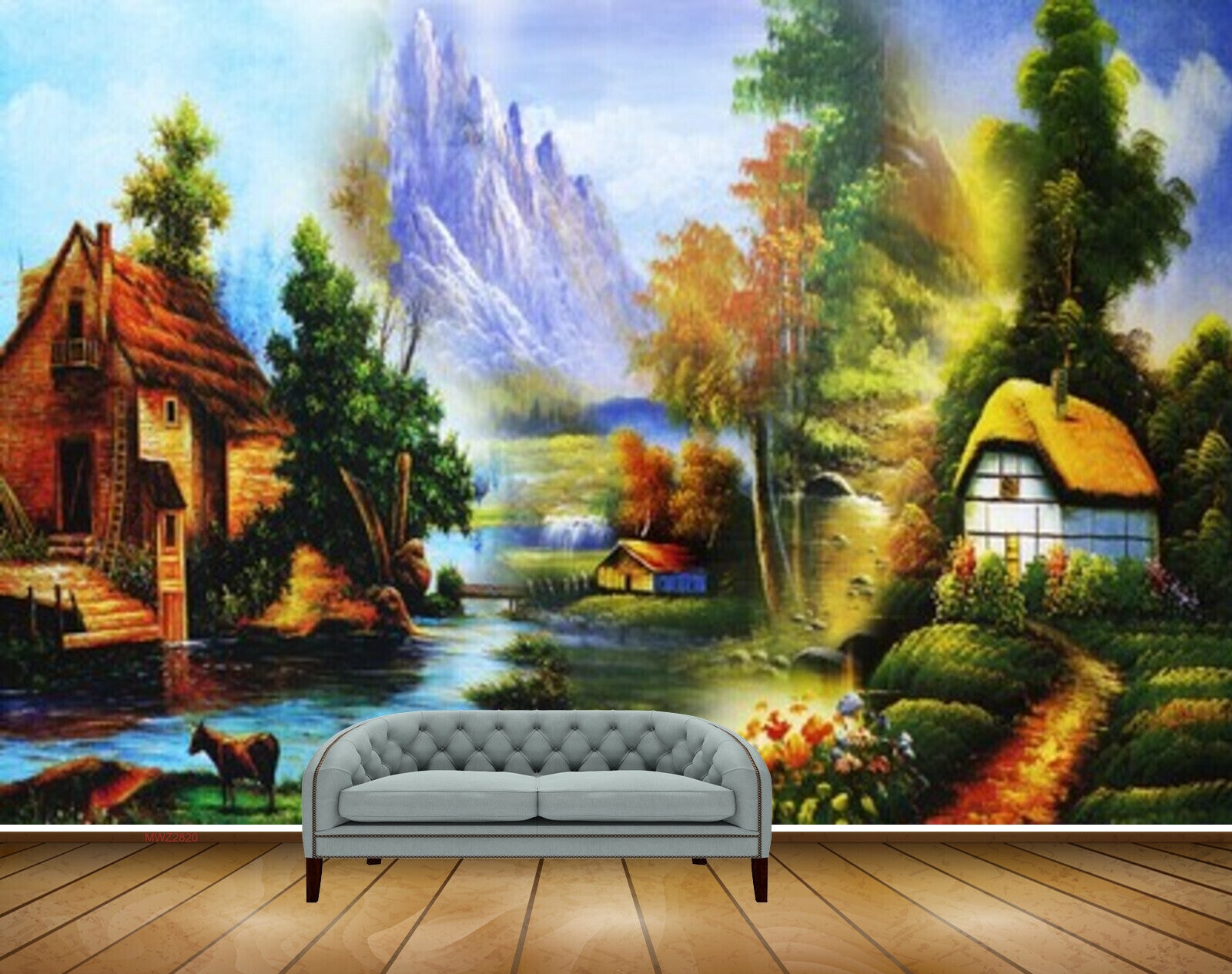 Avikalp MWZ2820 Mountains Trees Lake River Water Houses Flowers Grass Cow Off Road Plants Painting HD Wallpaper