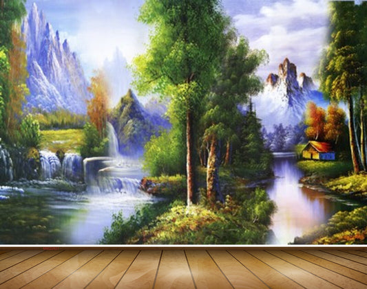 Avikalp MWZ2821 Clouds Mountains Trees Waterfalls Grass River Lake Pond Water House Painting HD Wallpaper