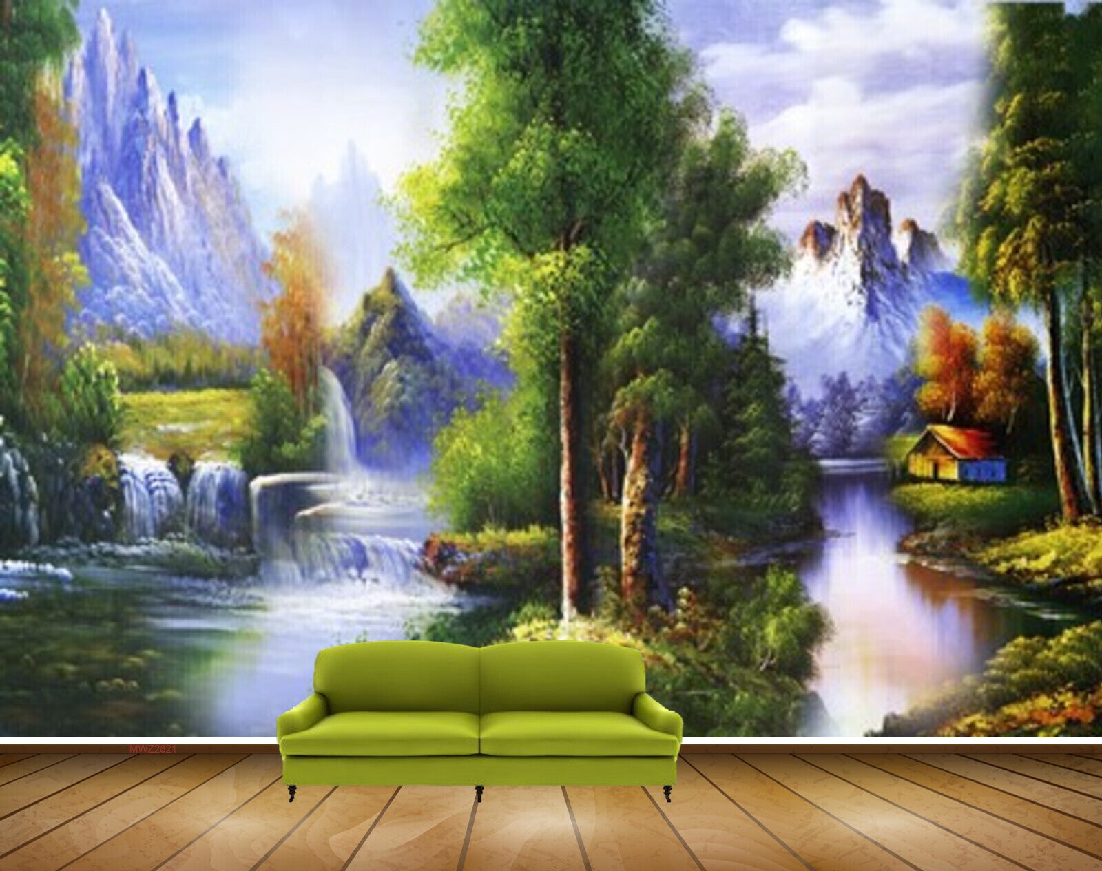 Avikalp MWZ2821 Clouds Mountains Trees Waterfalls Grass River Lake Pond Water House Painting HD Wallpaper