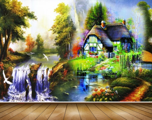 Avikalp MWZ2822 Trees Birds Lakes River Pond Water Houses Herones Grass Off Road Waterfalls Flowers Plants Painting HD Wallpaper