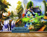 Avikalp MWZ2822 Trees Birds Lakes River Pond Water Houses Herones Grass Off Road Waterfalls Flowers Plants Painting HD Wallpaper
