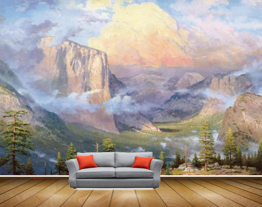 Avikalp MWZ2823 Clouds Mountains Trees Grass Forest Painting HD Wallpaper