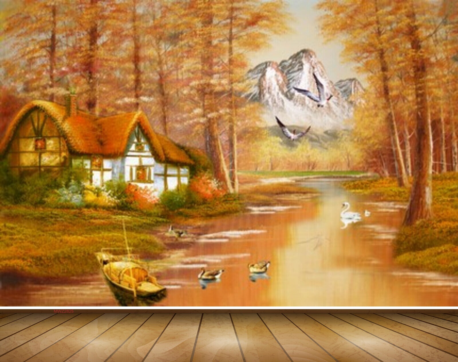 Avikalp MWZ2825 Mountains Trees Birds Houses Lakes River Water Cranes Ducks Boat Grass Painting HD Wallpaper