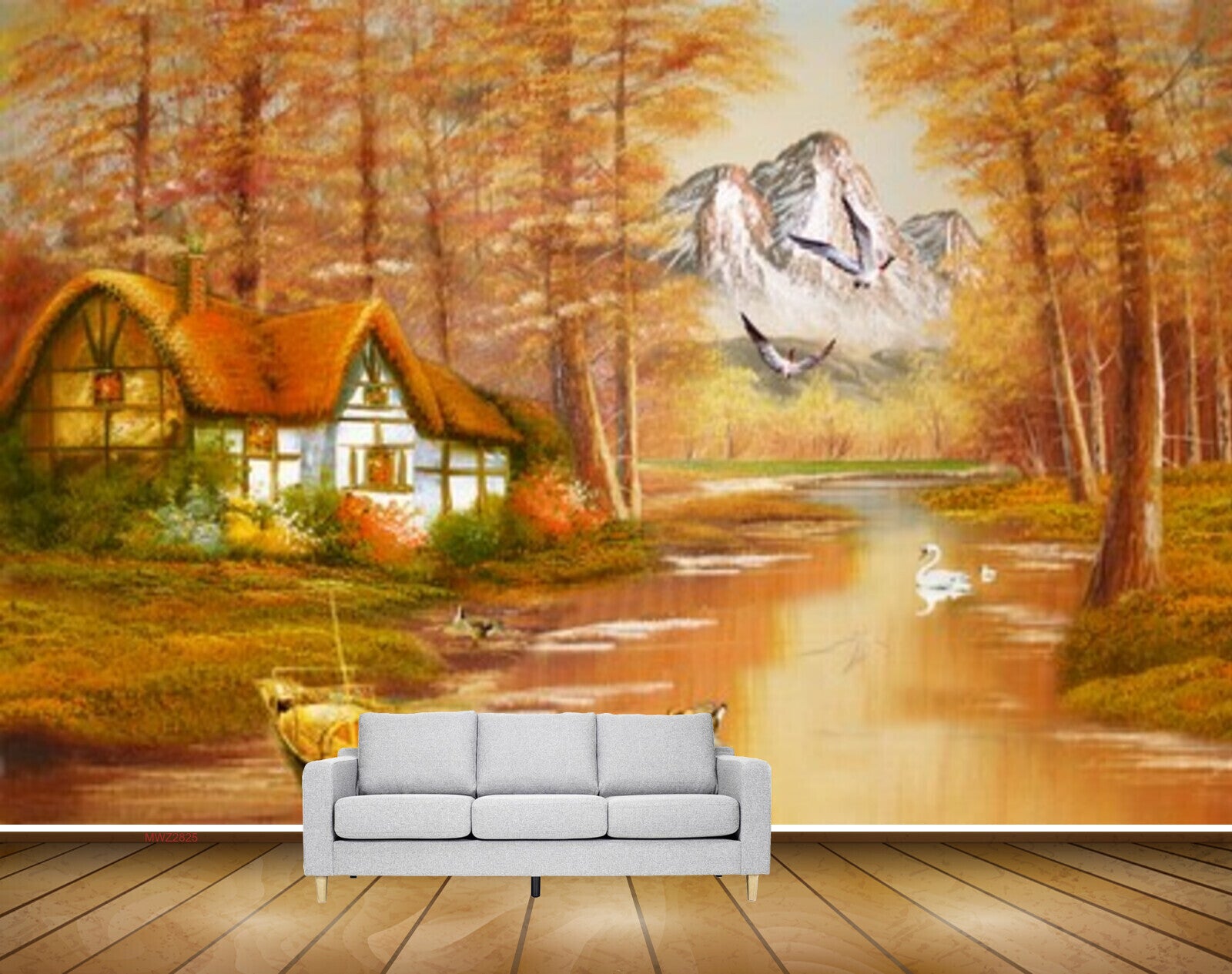 Avikalp MWZ2825 Mountains Trees Birds Houses Lakes River Water Cranes Ducks Boat Grass Painting HD Wallpaper