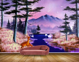 Avikalp MWZ2826 Trees Mountains Birds Deers Swans Lake RIver Water Purple Night Painting HD Wallpaper