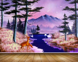 Avikalp MWZ2826 Trees Mountains Birds Deers Swans Lake RIver Water Purple Night Painting HD Wallpaper