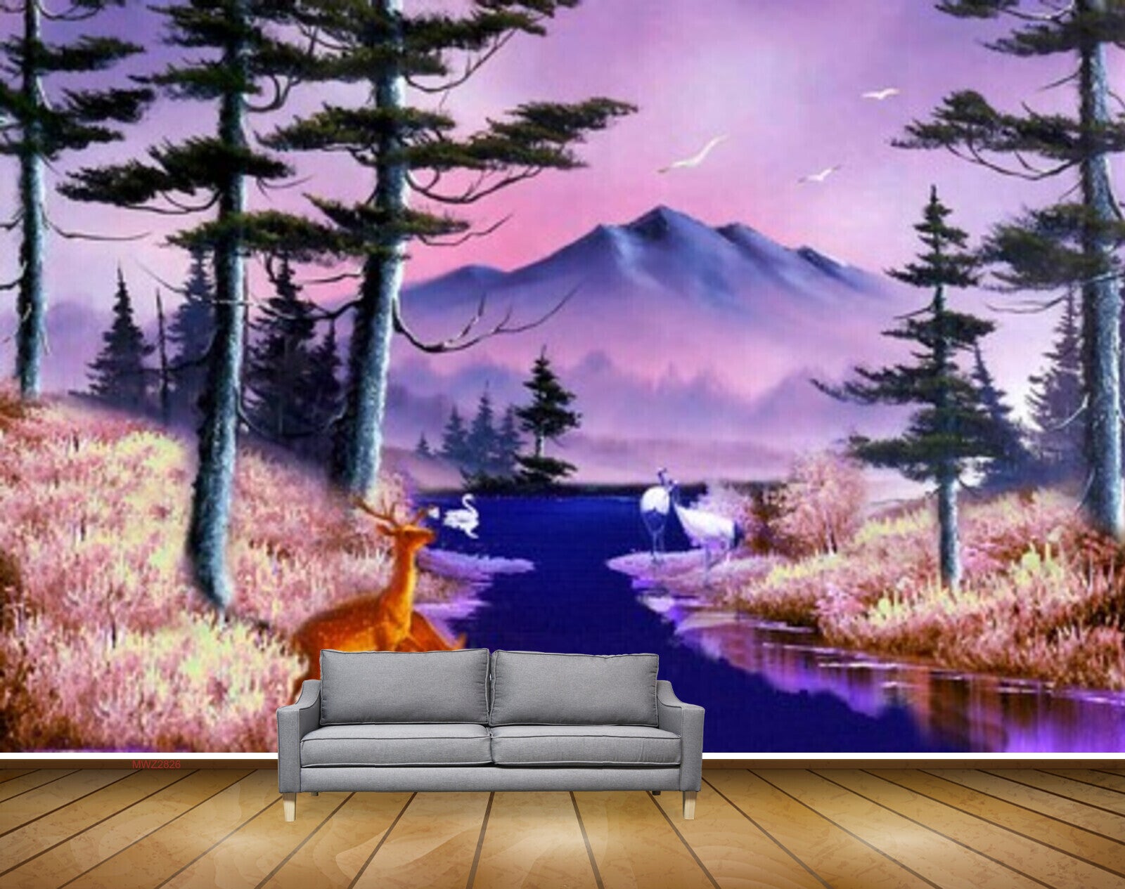 Avikalp MWZ2826 Trees Mountains Birds Deers Swans Lake RIver Water Purple Night Painting HD Wallpaper