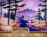 Avikalp MWZ2826 Trees Mountains Birds Deers Swans Lake RIver Water Purple Night Painting HD Wallpaper