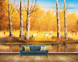 Avikalp MWZ2827 Trees Yellow Leaves Lake River Pond Water Yellow Grass Cranes Deers Painting HD Wallpaper