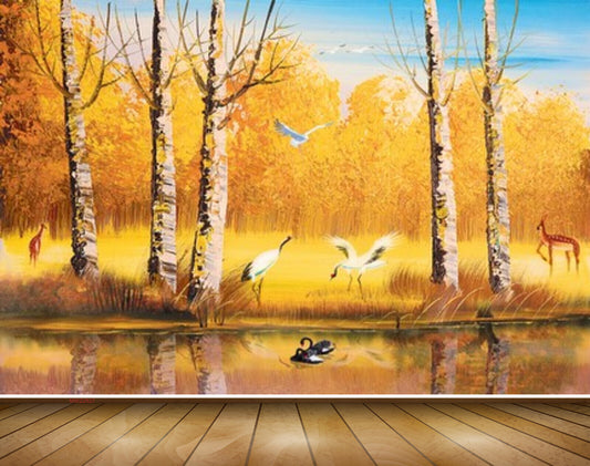 Avikalp MWZ2827 Trees Yellow Leaves Lake River Pond Water Yellow Grass Cranes Deers Painting HD Wallpaper