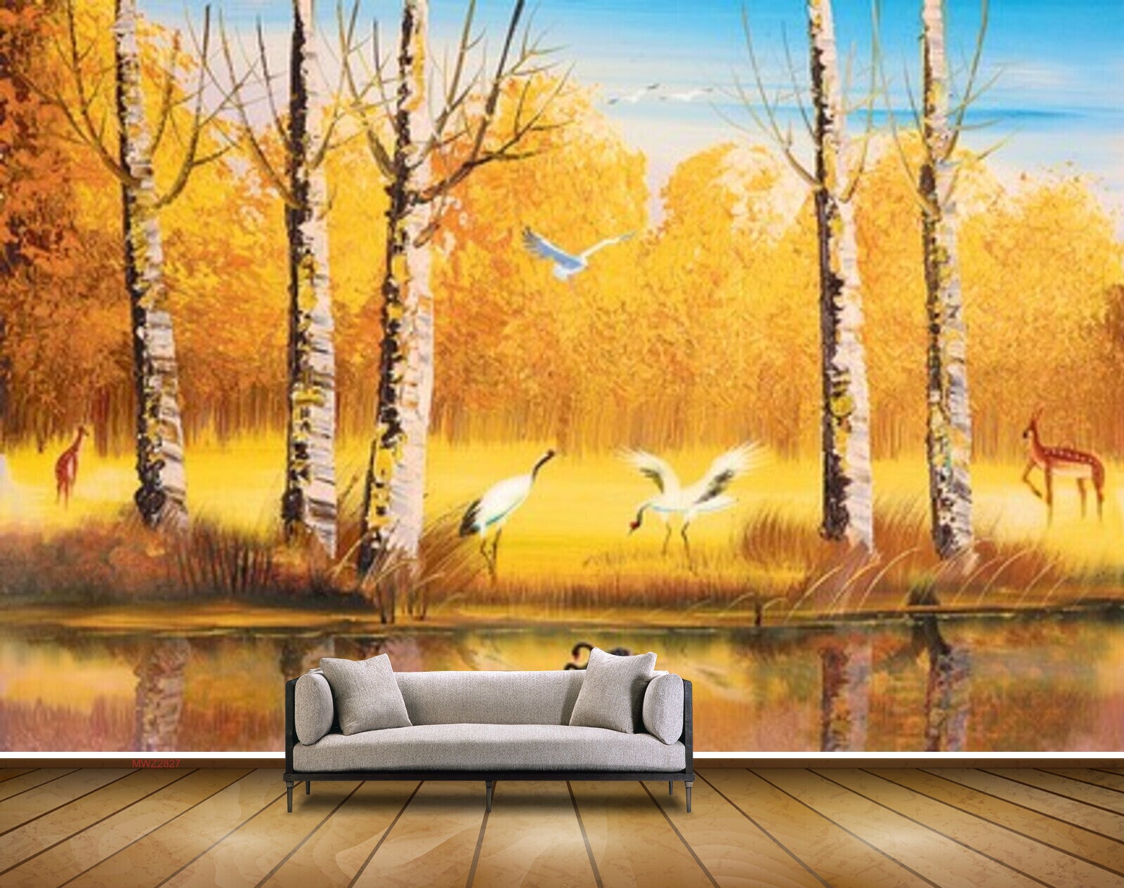 Avikalp MWZ2827 Trees Yellow Leaves Lake River Pond Water Yellow Grass Cranes Deers Painting HD Wallpaper