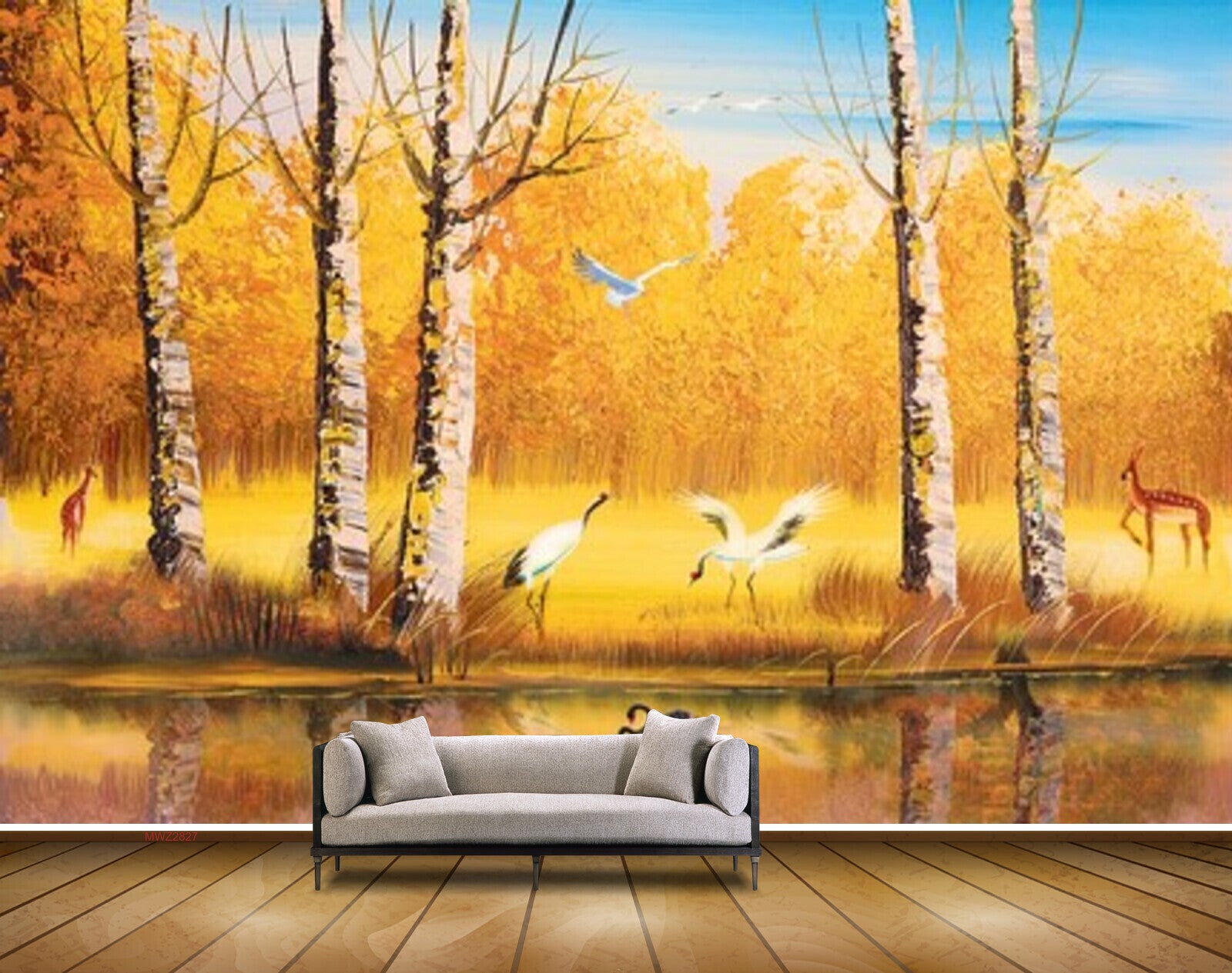 Avikalp MWZ2827 Trees Yellow Leaves Lake River Pond Water Yellow Grass Cranes Deers Painting HD Wallpaper