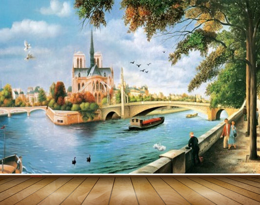 Avikalp MWZ2828 Lake River Water Trees Boat Building Birds People Bridge Ducks Swanes City Painting HD Wallpaper