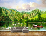 Avikalp MWZ2830 Clouds Birds Mountains Trees Lake River Pond Water Boat Man Ducks Ducks Swans Painting HD Wallpaper
