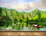 Avikalp MWZ2830 Clouds Birds Mountains Trees Lake River Pond Water Boat Man Ducks Ducks Swans Painting HD Wallpaper