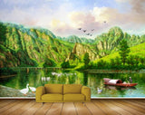 Avikalp MWZ2830 Clouds Birds Mountains Trees Lake River Pond Water Boat Man Ducks Ducks Swans Painting HD Wallpaper
