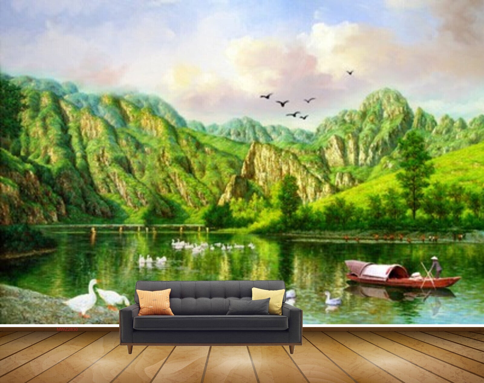 Avikalp MWZ2830 Clouds Birds Mountains Trees Lake River Pond Water Boat Man Ducks Ducks Swans Painting HD Wallpaper