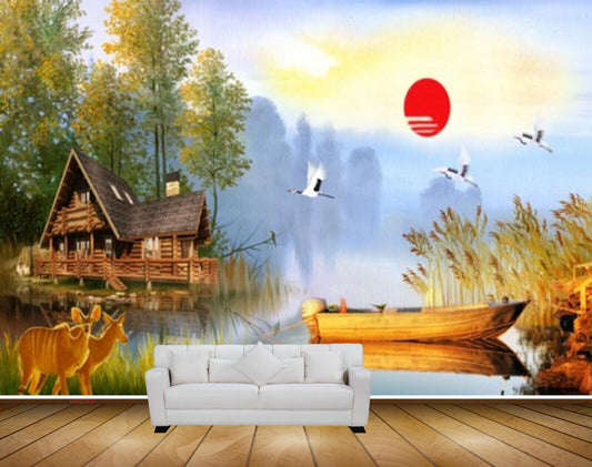 Avikalp MWZ2831 Sun Birds Houses Trees Boat River Lake Water Deers Grass Painting HD Wallpaper