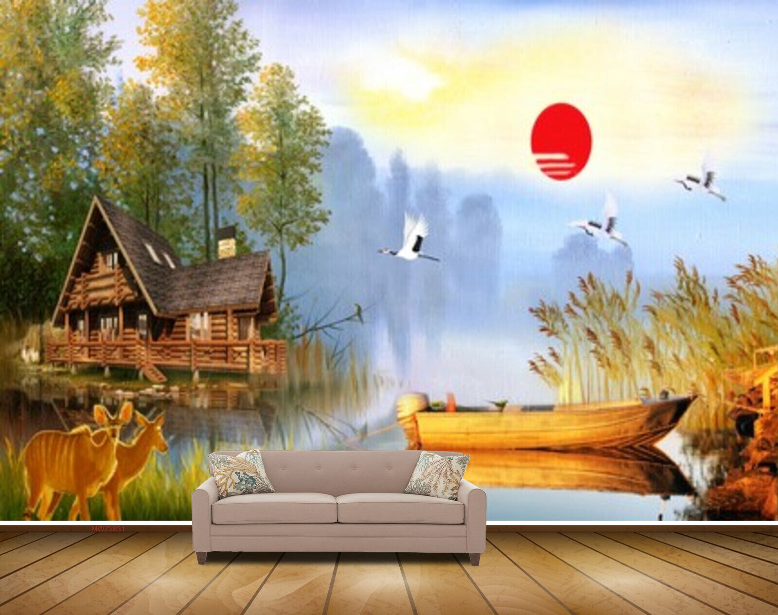 Avikalp MWZ2831 Sun Birds Houses Trees Boat River Lake Water Deers Grass Painting HD Wallpaper