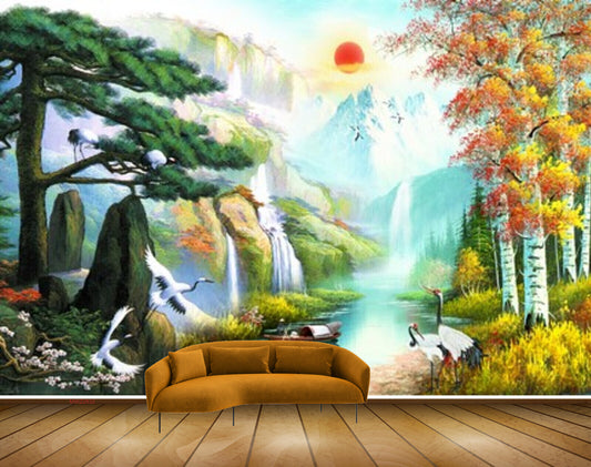 Avikalp MWZ2832 Sun Mounatins Clouds Waterfalls Trees Cranes Boat Lake River Water Flowers Grass Painting HD Wallpaper