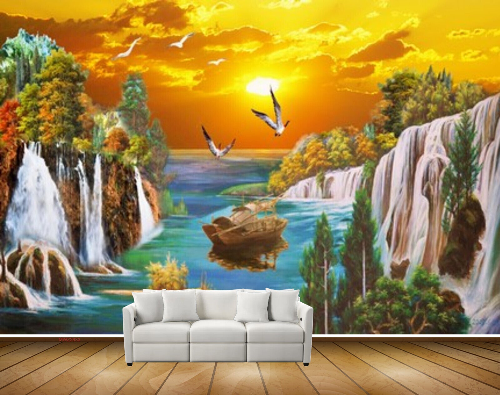 Avikalp MWZ2833 Sun Clouds Birds Mounatins Waterfalls Lake River Sea Water Boat Trees Stones Painting HD Wallpaper