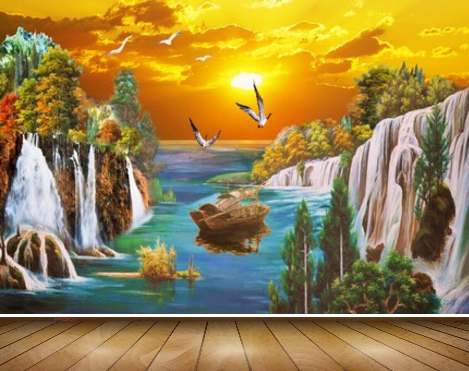 Avikalp MWZ2833 Sun Clouds Birds Mounatins Waterfalls Lake River Sea Water Boat Trees Stones Painting HD Wallpaper