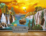 Avikalp MWZ2833 Sun Clouds Birds Mounatins Waterfalls Lake River Sea Water Boat Trees Stones Painting HD Wallpaper