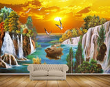 Avikalp MWZ2833 Sun Clouds Birds Mounatins Waterfalls Lake River Sea Water Boat Trees Stones Painting HD Wallpaper