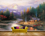 Avikalp MWZ2834 Trees Mountains Lake River Water House Boat Fire Grass Swans Ducks Painting HD Wallpaper