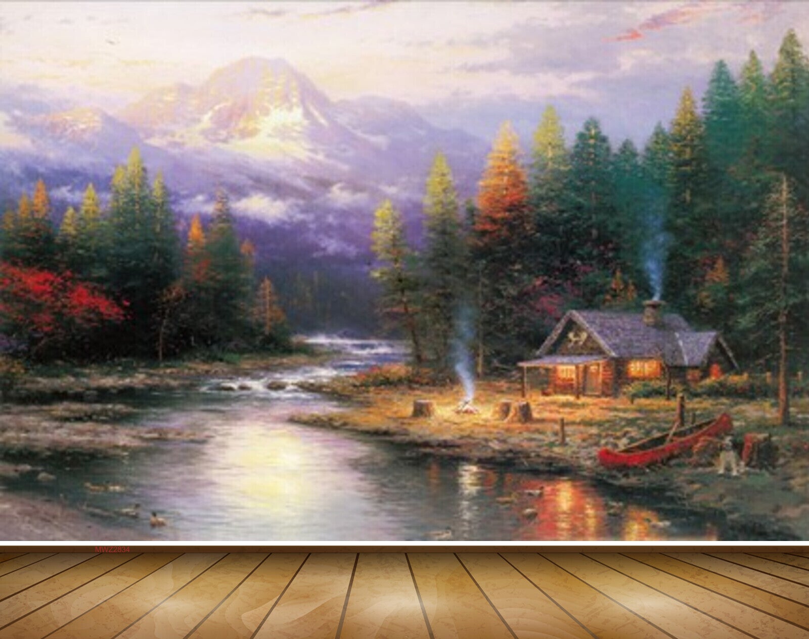 Avikalp MWZ2834 Trees Mountains Lake River Water House Boat Fire Grass Swans Ducks Painting HD Wallpaper