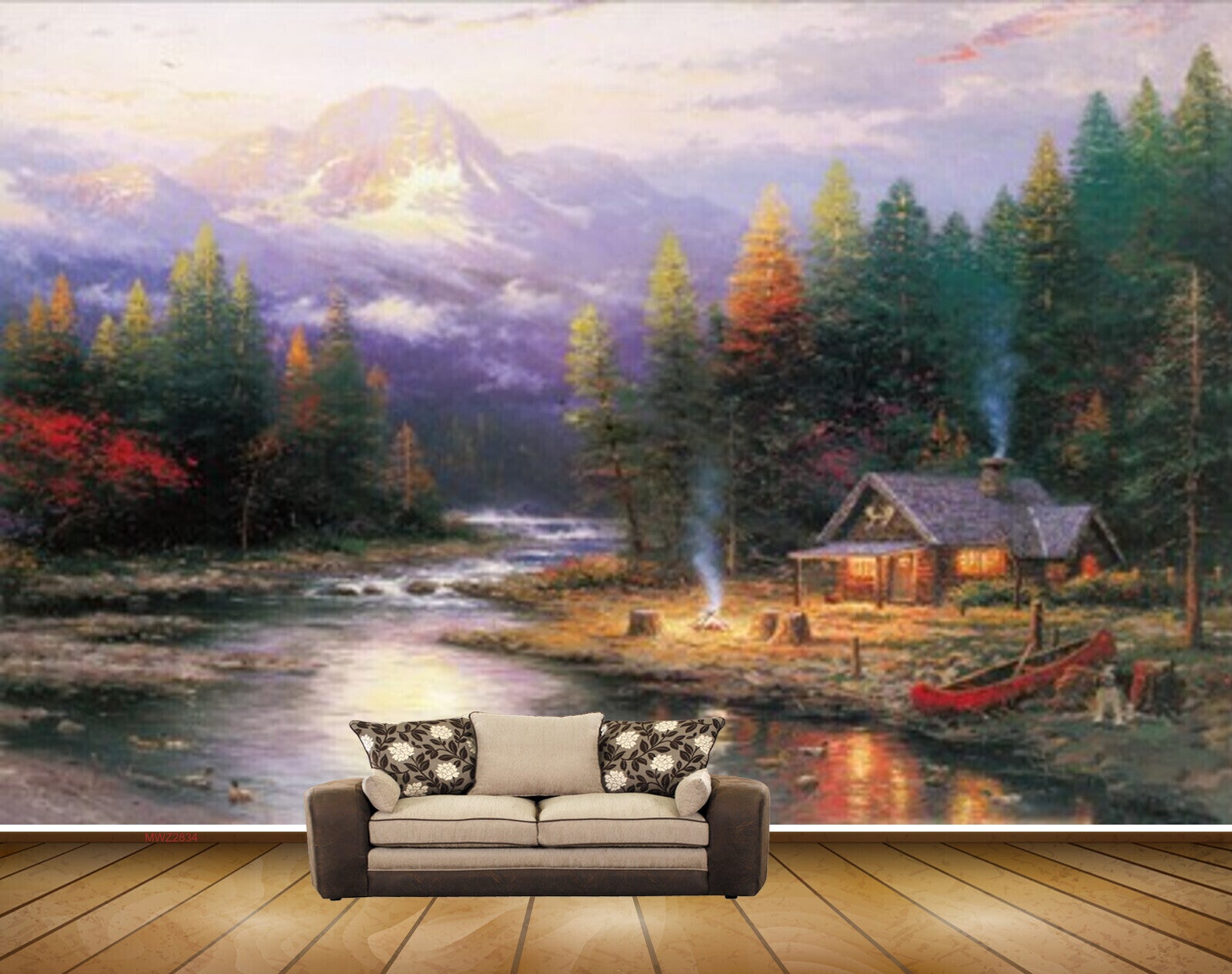 Avikalp MWZ2834 Trees Mountains Lake River Water House Boat Fire Grass Swans Ducks Painting HD Wallpaper