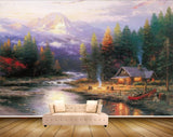 Avikalp MWZ2834 Trees Mountains Lake River Water House Boat Fire Grass Swans Ducks Painting HD Wallpaper