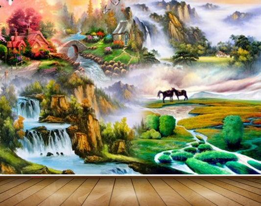 Avikalp MWZ2835 Waterfalls Mountains Trees Grass Stones Horses Clouds Birds Bridge River Pond Water Painting HD Wallpaper