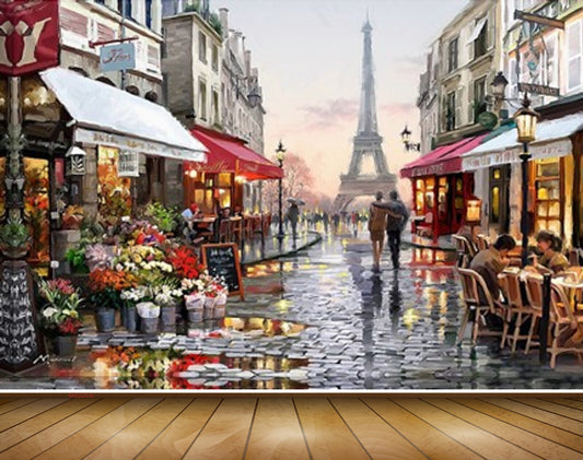 Avikalp MWZ2836 Building Lamps Eiffel Tower Plants Flowers Vellay Road Restaurants Table Chair People travel City Painting HD Wallpaper