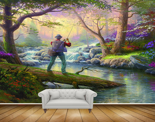 Avikalp MWZ2837 Trees Waterfalls Grass Flowers Lake River Pond Man Fishing Rod Stones Forest Painting HD Wallpaper