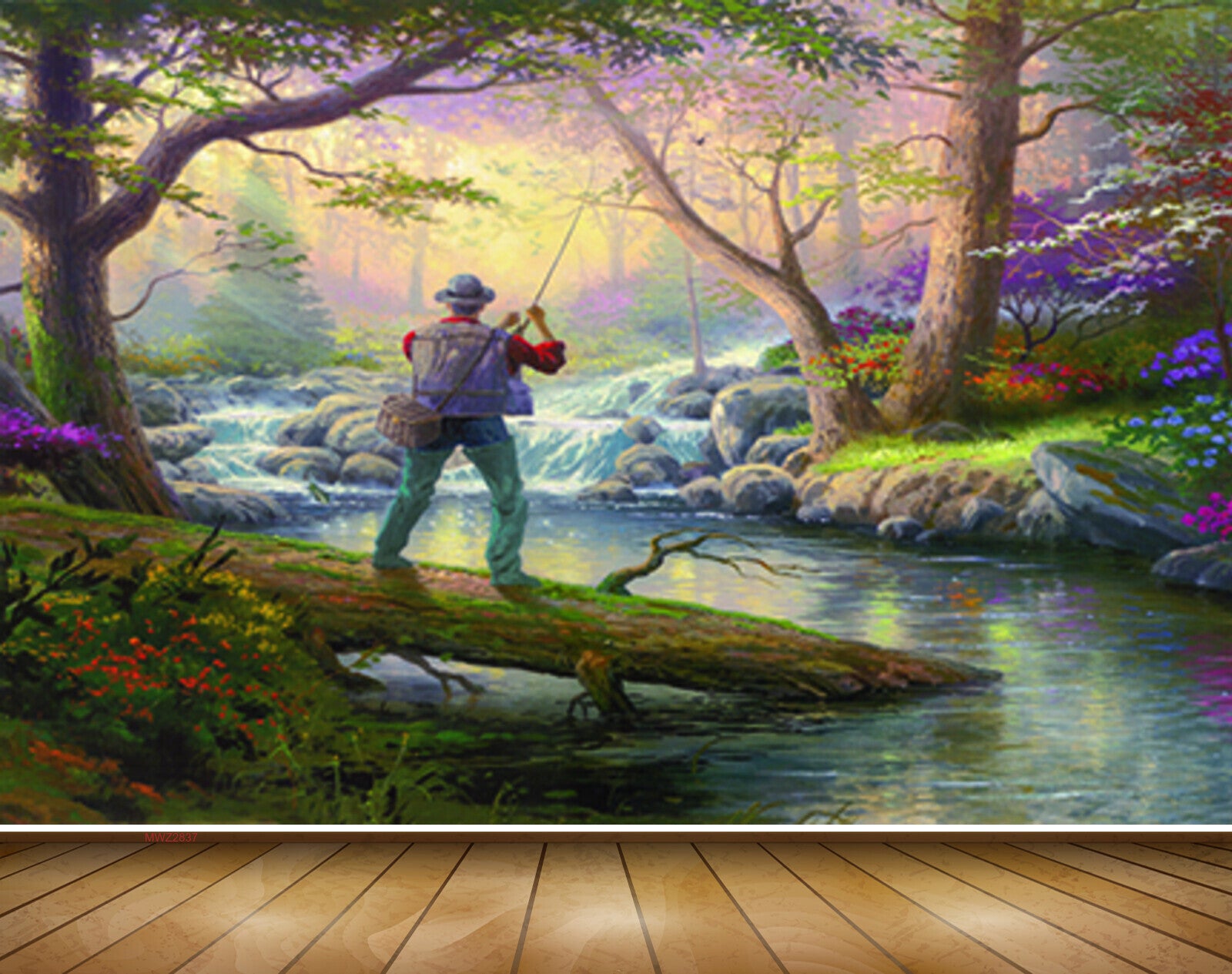 Avikalp MWZ2837 Trees Waterfalls Grass Flowers Lake River Pond Man Fishing Rod Stones Forest Painting HD Wallpaper