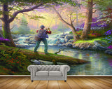 Avikalp MWZ2837 Trees Waterfalls Grass Flowers Lake River Pond Man Fishing Rod Stones Forest Painting HD Wallpaper