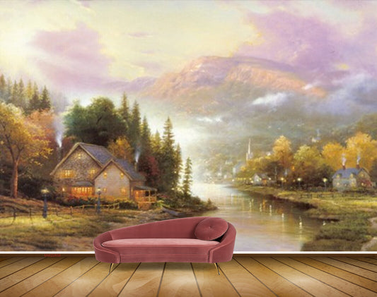 Avikalp MWZ2838 Trees Mountains Clouds House Lake River Water Grass Lamps Painting HD Wallpaper