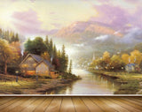 Avikalp MWZ2838 Trees Mountains Clouds House Lake River Water Grass Lamps Painting HD Wallpaper