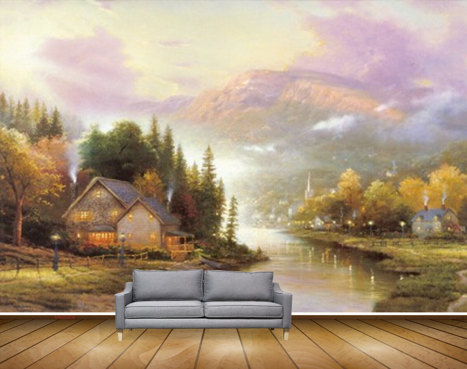 Avikalp MWZ2838 Trees Mountains Clouds House Lake River Water Grass Lamps Painting HD Wallpaper