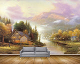 Avikalp MWZ2838 Trees Mountains Clouds House Lake River Water Grass Lamps Painting HD Wallpaper