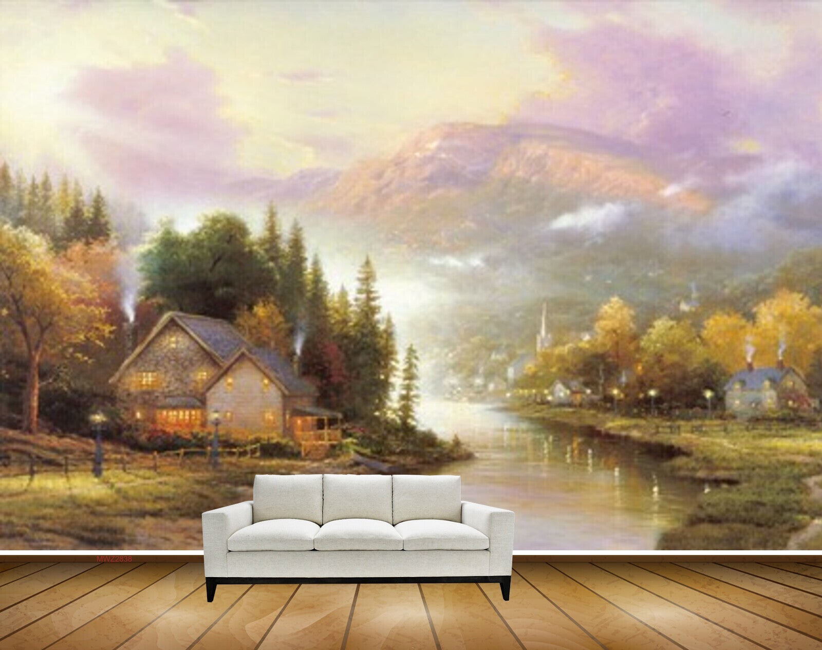 Avikalp MWZ2838 Trees Mountains Clouds House Lake River Water Grass Lamps Painting HD Wallpaper