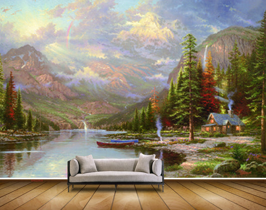 Avikalp MWZ2839 Clouds Trees Lake River Water Boat Mountains Grass Stones House Painting HD Wallpaper