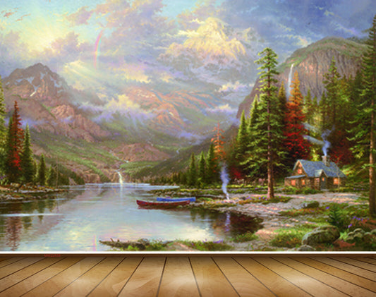 Avikalp MWZ2839 Clouds Trees Lake River Water Boat Mountains Grass Stones House Painting HD Wallpaper