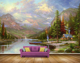 Avikalp MWZ2839 Clouds Trees Lake River Water Boat Mountains Grass Stones House Painting HD Wallpaper