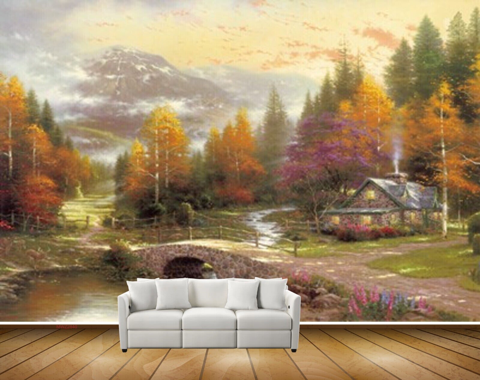 Avikalp MWZ2840 Clouds Trees Orange Purple Leaves Houses Mountains Bridge Flowers Grass Garden Painting HD Wallpaper