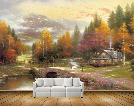 Avikalp MWZ2840 Clouds Trees Orange Purple Leaves Houses Mountains Bridge Flowers Grass Garden Painting HD Wallpaper