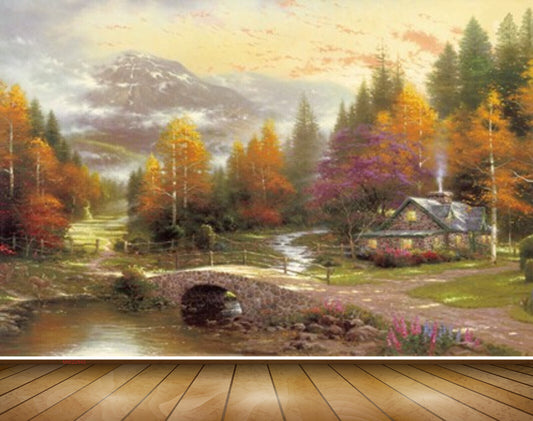 Avikalp MWZ2840 Clouds Trees Orange Purple Leaves Houses Mountains Bridge Flowers Grass Garden Painting HD Wallpaper