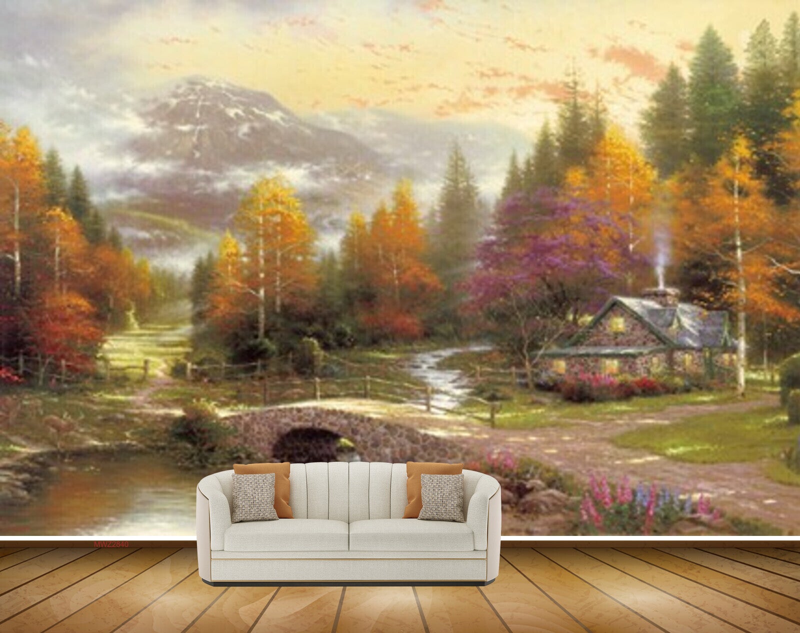 Avikalp MWZ2840 Clouds Trees Orange Purple Leaves Houses Mountains Bridge Flowers Grass Garden Painting HD Wallpaper